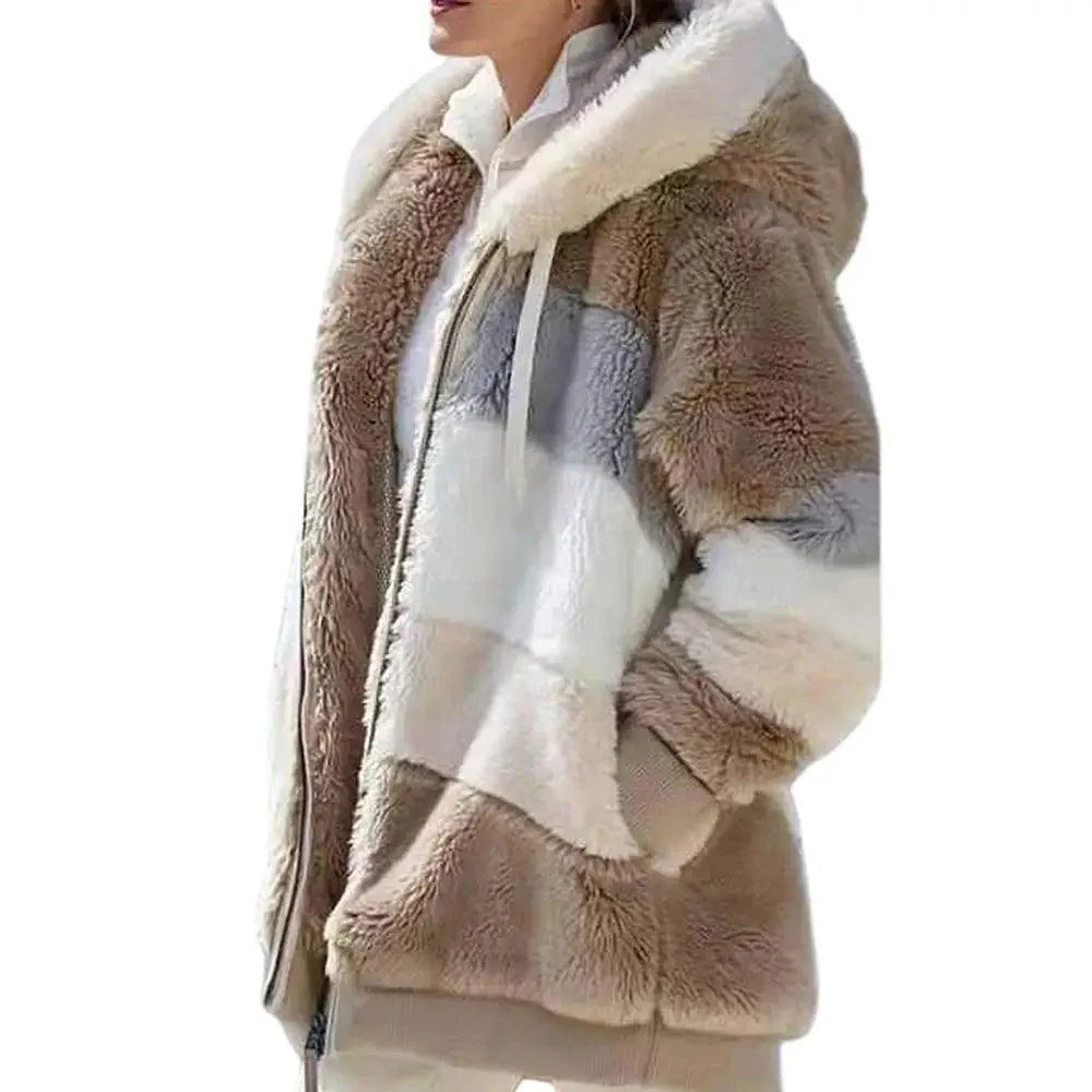 Plus Size Jacket Women Autumn Winter Long Sleeve Color Block Zipper Fluff Hooded Warm Coat Jacket