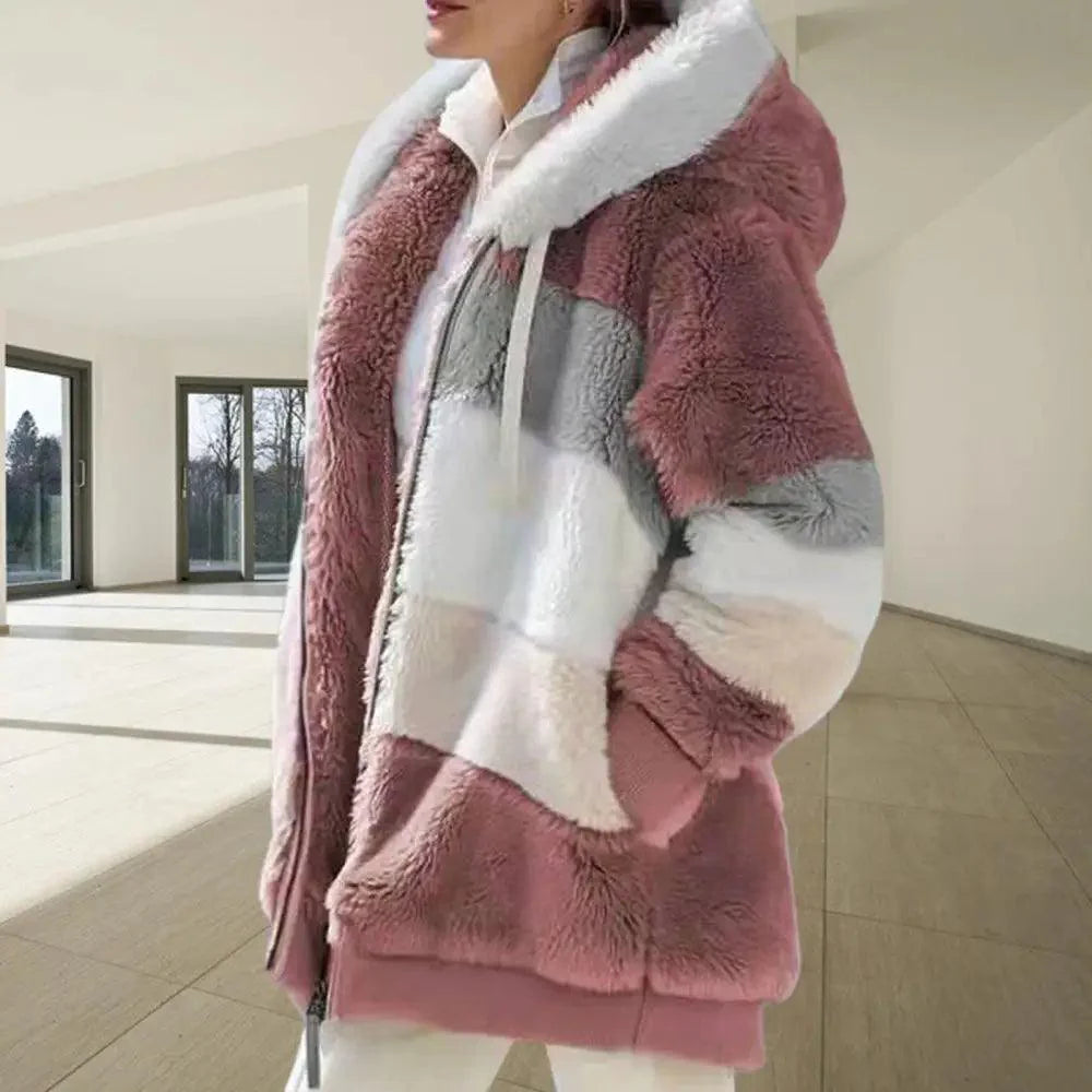 Plus Size Jacket Women Autumn Winter Long Sleeve Color Block Zipper Fluff Hooded Warm Coat Jacket