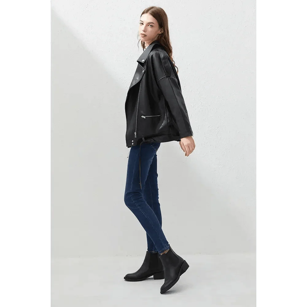 PU Faux Leather Jacket Women Loose Sashes Casual Biker Jackets Outwear Female Tops BF Style Black Leather Jacket Coat