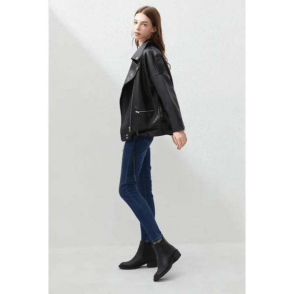 PU Faux Leather Jacket Women Loose Sashes Casual Biker Jackets Outwear Female Tops BF Style Black Leather Jacket Coat