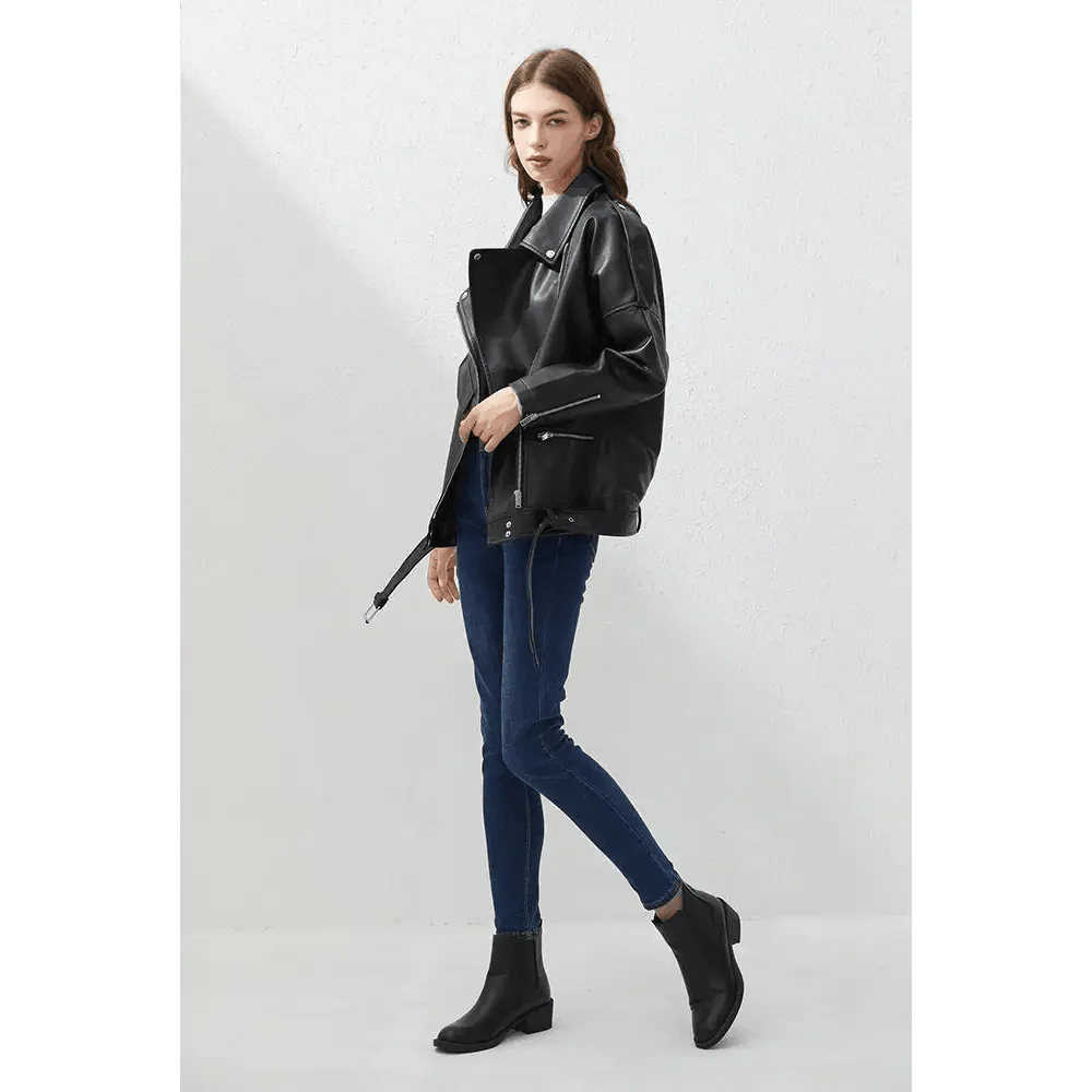 PU Faux Leather Jacket Women Loose Sashes Casual Biker Jackets Outwear Female Tops BF Style Black Leather Jacket Coat