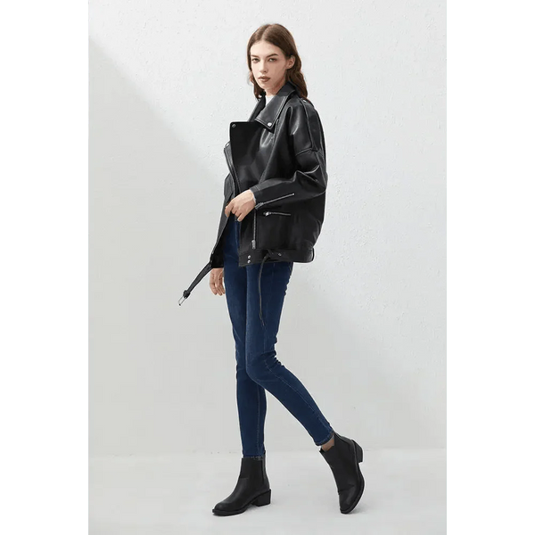 PU Faux Leather Jacket Women Loose Sashes Casual Biker Jackets Outwear Female Tops BF Style Black Leather Jacket Coat