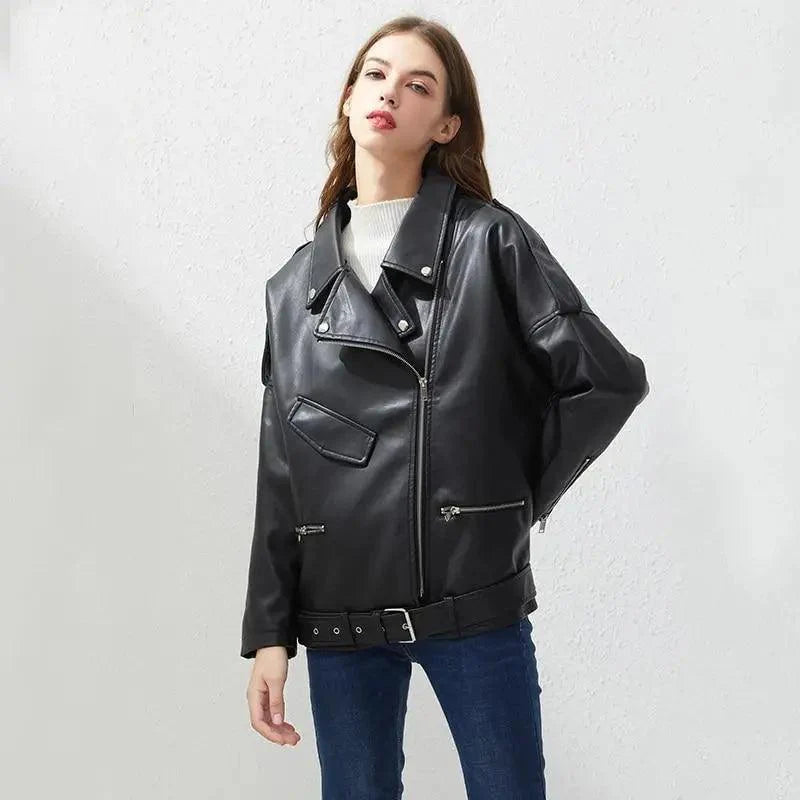 PU Faux Leather Jacket Women Loose Sashes Casual Biker Jackets Outwear Female Tops BF Style Black Leather Jacket Coat