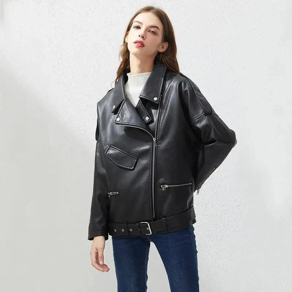 PU Faux Leather Jacket Women Loose Sashes Casual Biker Jackets Outwear Female Tops BF Style Black Leather Jacket Coat