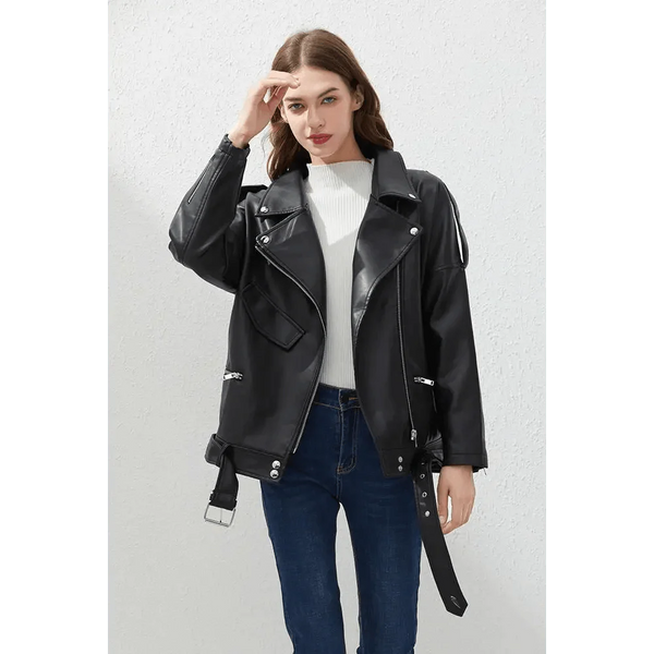 PU Faux Leather Jacket Women Loose Sashes Casual Biker Jackets Outwear Female Tops BF Style Black Leather Jacket Coat