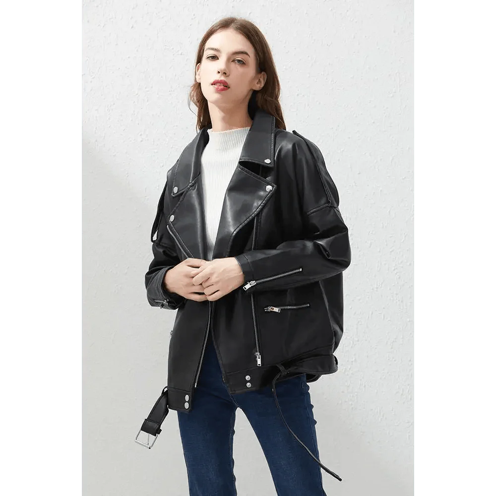 PU Faux Leather Jacket Women Loose Sashes Casual Biker Jackets Outwear Female Tops BF Style Black Leather Jacket Coat
