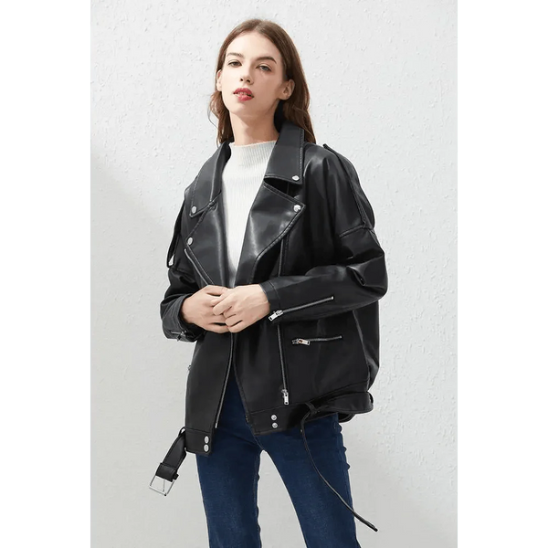 PU Faux Leather Jacket Women Loose Sashes Casual Biker Jackets Outwear Female Tops BF Style Black Leather Jacket Coat