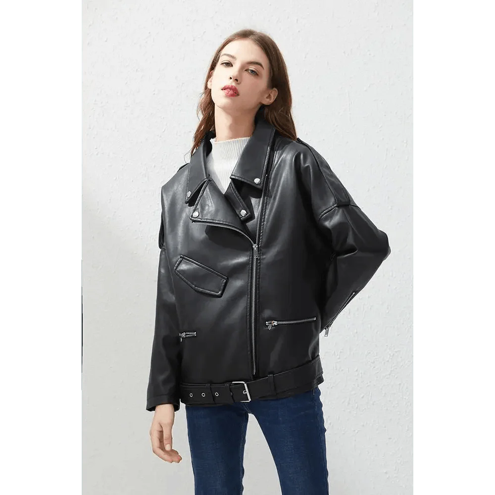 PU Faux Leather Jacket Women Loose Sashes Casual Biker Jackets Outwear Female Tops BF Style Black Leather Jacket Coat