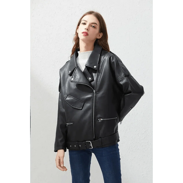 PU Faux Leather Jacket Women Loose Sashes Casual Biker Jackets Outwear Female Tops BF Style Black Leather Jacket Coat
