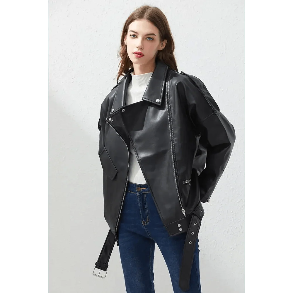 PU Faux Leather Jacket Women Loose Sashes Casual Biker Jackets Outwear Female Tops BF Style Black Leather Jacket Coat