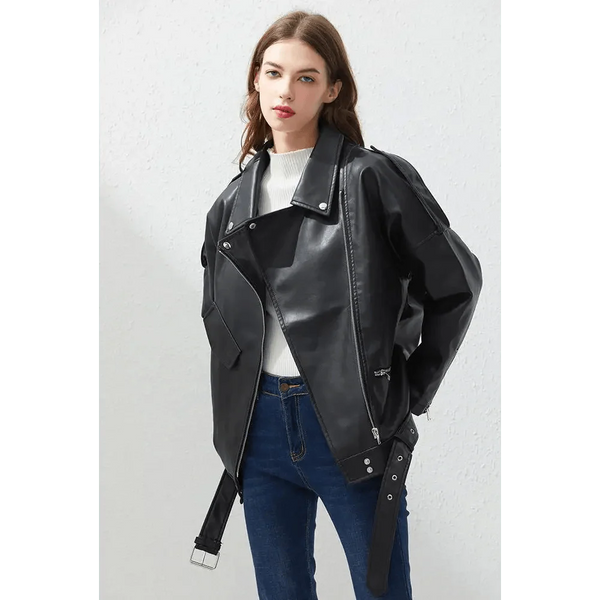 PU Faux Leather Jacket Women Loose Sashes Casual Biker Jackets Outwear Female Tops BF Style Black Leather Jacket Coat