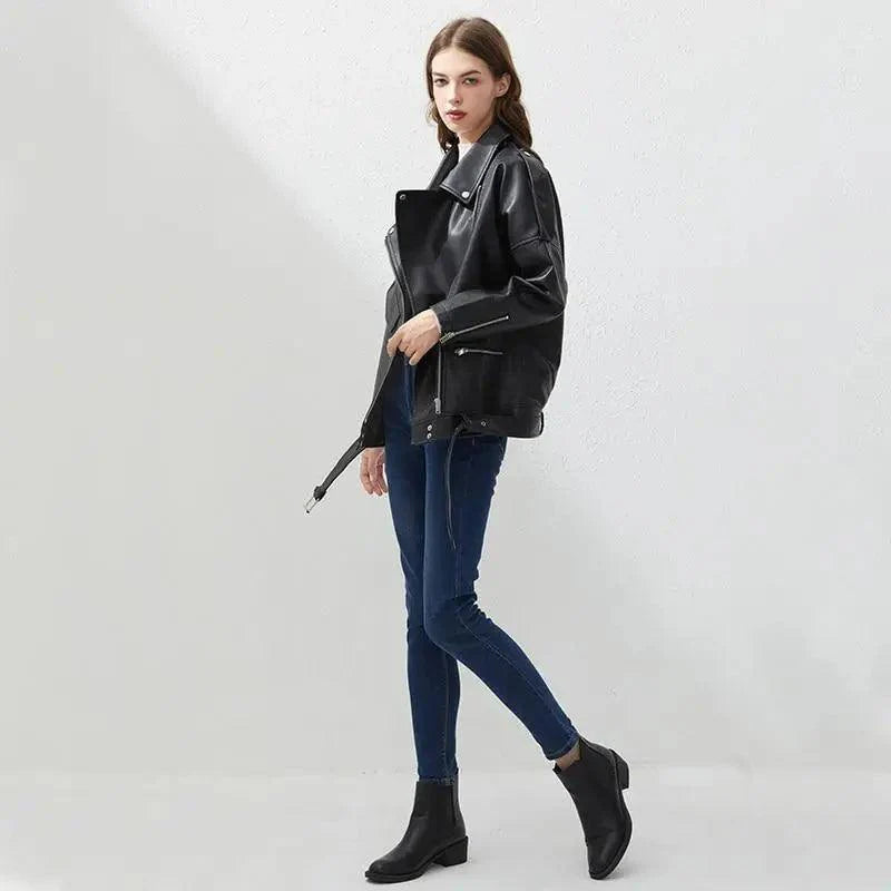 PU Faux Leather Jacket Women Loose Sashes Casual Biker Jackets Outwear Female Tops BF Style Black Leather Jacket Coat