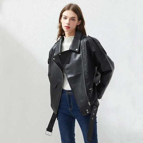 PU Faux Leather Jacket Women Loose Sashes Casual Biker Jackets Outwear Female Tops BF Style Black Leather Jacket Coat