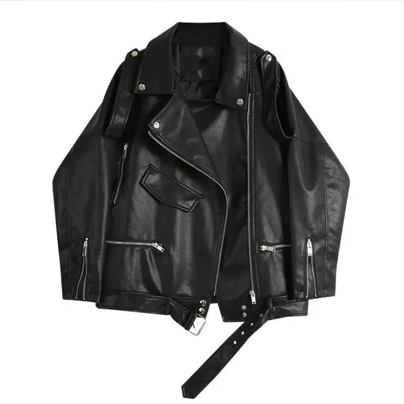PU Faux Leather Jacket Women Loose Sashes Casual Biker Jackets Outwear Female Tops BF Style Black Leather Jacket Coat