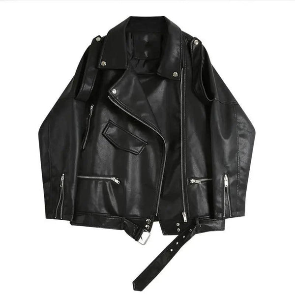 PU Faux Leather Jacket Women Loose Sashes Casual Biker Jackets Outwear Female Tops BF Style Black Leather Jacket Coat