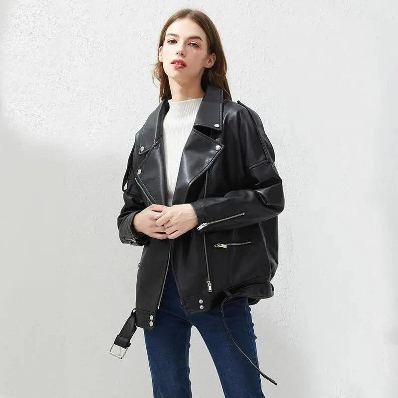 PU Faux Leather Jacket Women Loose Sashes Casual Biker Jackets Outwear Female Tops BF Style Black Leather Jacket Coat