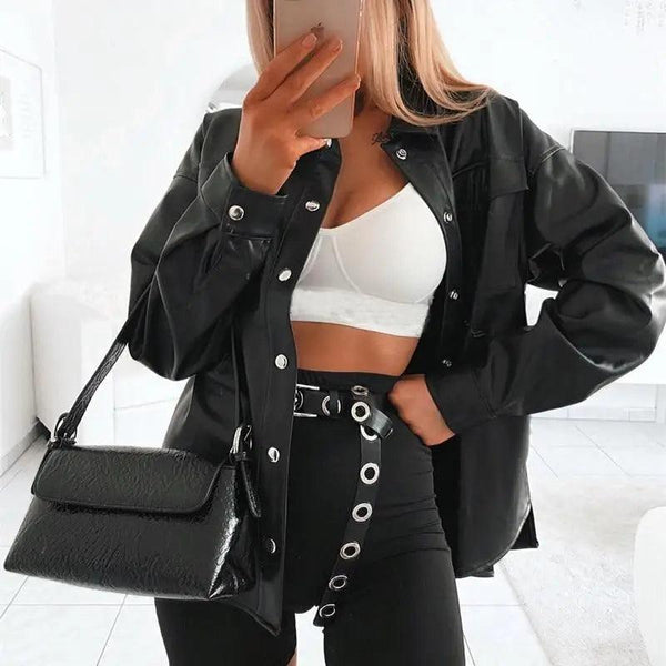Top Quality Punk Style Women Autumn Leather Jacket Turn-down Collar Streetwear Cool Jackets Ladies Pocket Oversized Pop Jackets