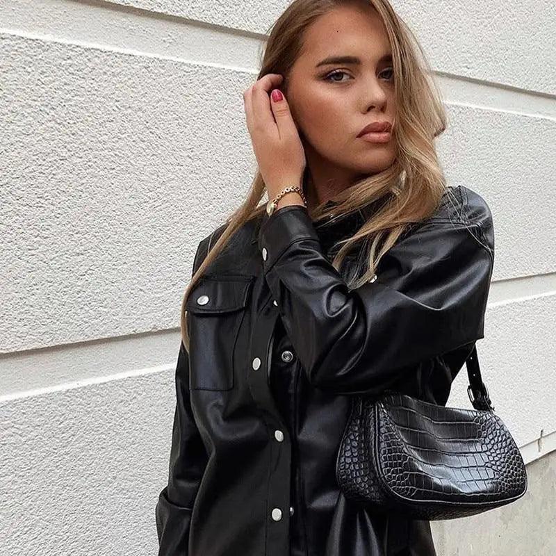 Top Quality Punk Style Women Autumn Leather Jacket Turn-down Collar Streetwear Cool Jackets Ladies Pocket Oversized Pop Jackets