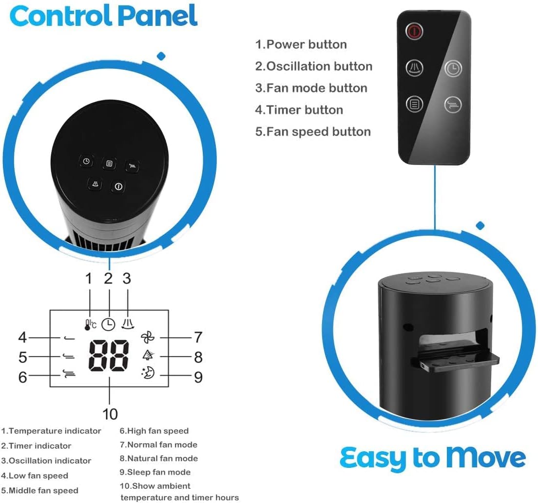 Tower Fan Portable Electric Oscillating Fan Quiet Cooling Remote Control Standing Bladeless Floor Fans 3 Speeds Wind Modes Timer Kismile