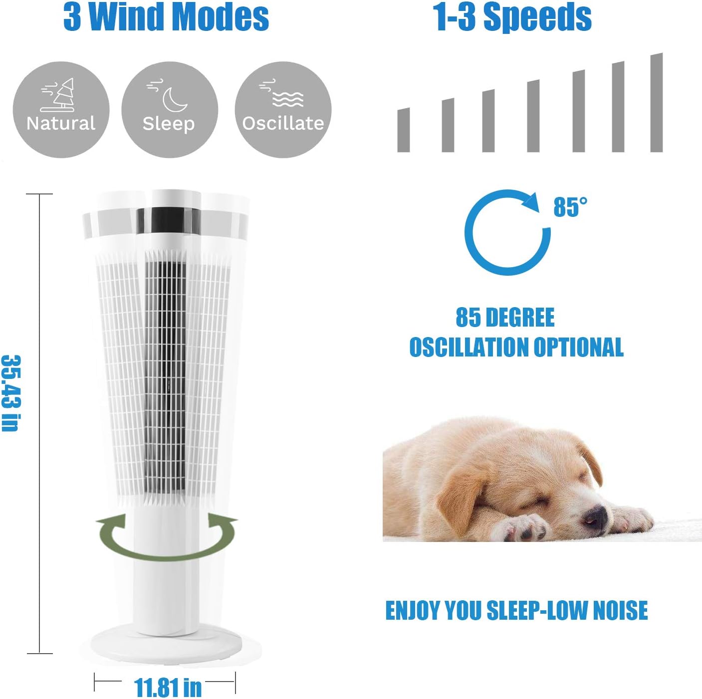 Tower Fan Portable Electric Oscillating Fan Quiet Cooling Remote Control Standing Bladeless Floor Fans 3 Speeds Wind Modes Timer Kismile
