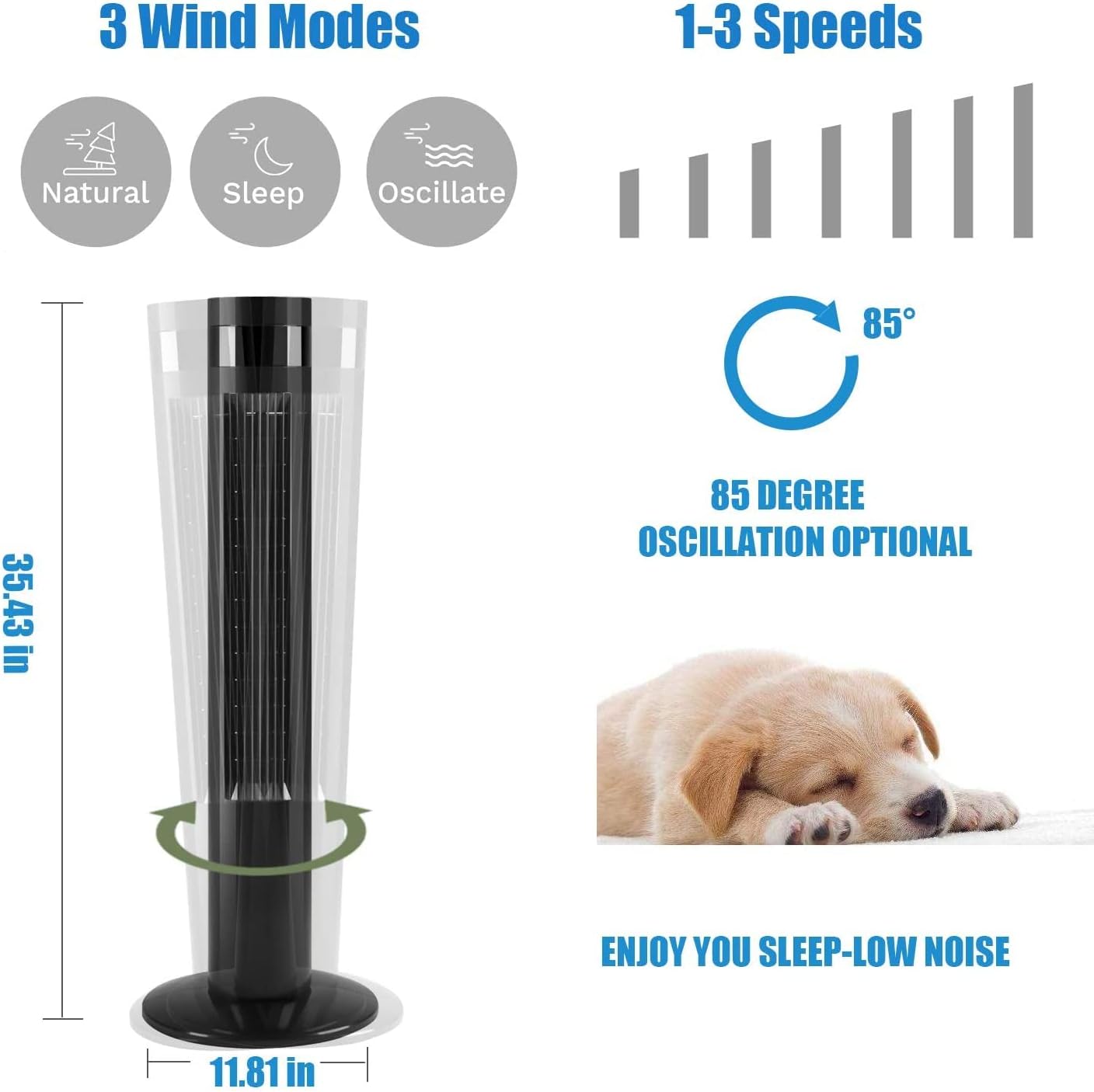 Tower Fan Portable Electric Oscillating Fan Quiet Cooling Remote Control Standing Bladeless Floor Fans 3 Speeds Wind Modes Timer Kismile