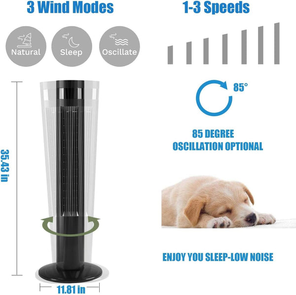 Tower Fan Portable Electric Oscillating Fan Quiet Cooling Remote Control Standing Bladeless Floor Fans 3 Speeds Wind Modes Timer Kismile