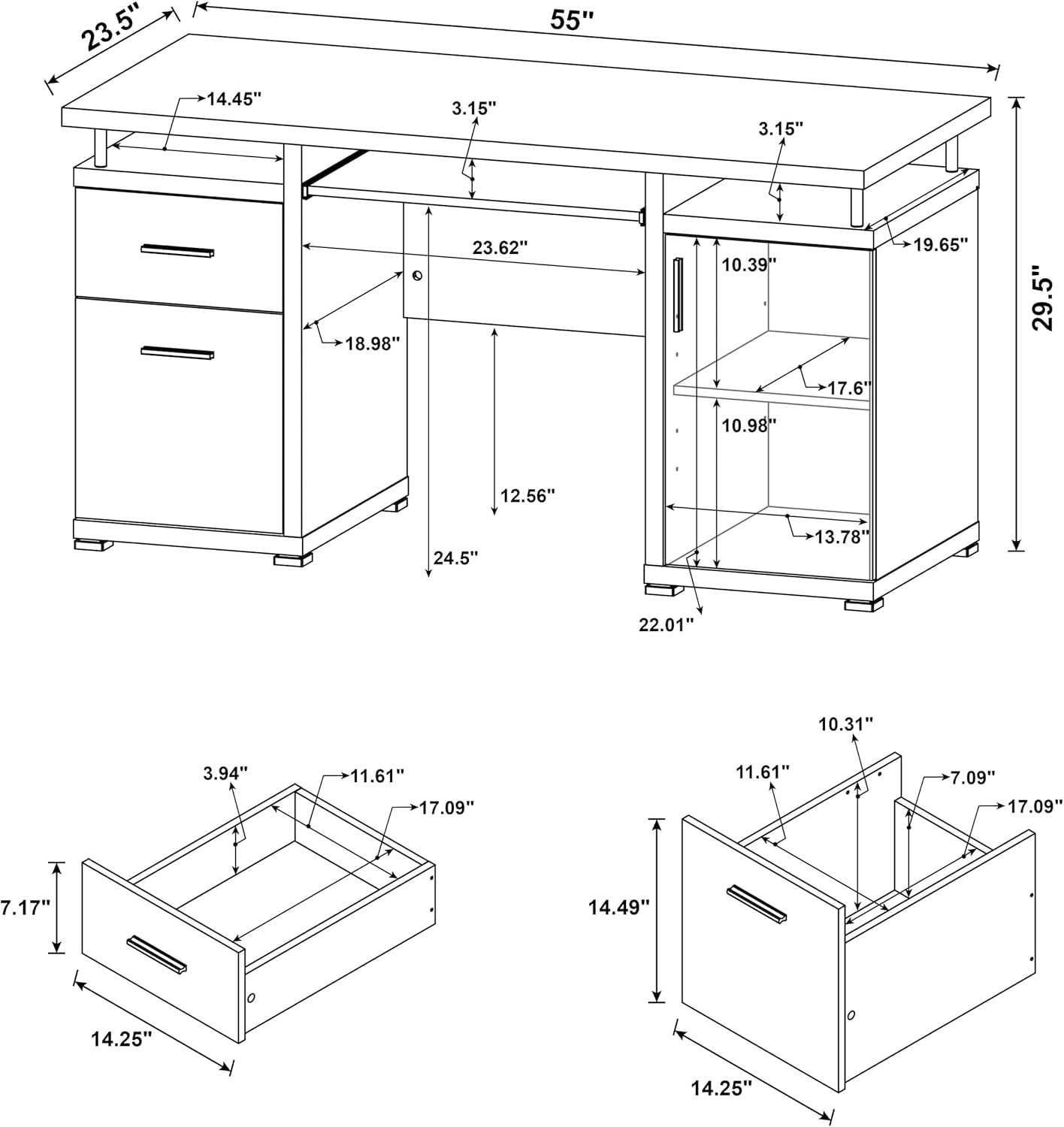 55 Inch Modern Wood Desk With 2 Drawers For Home Office