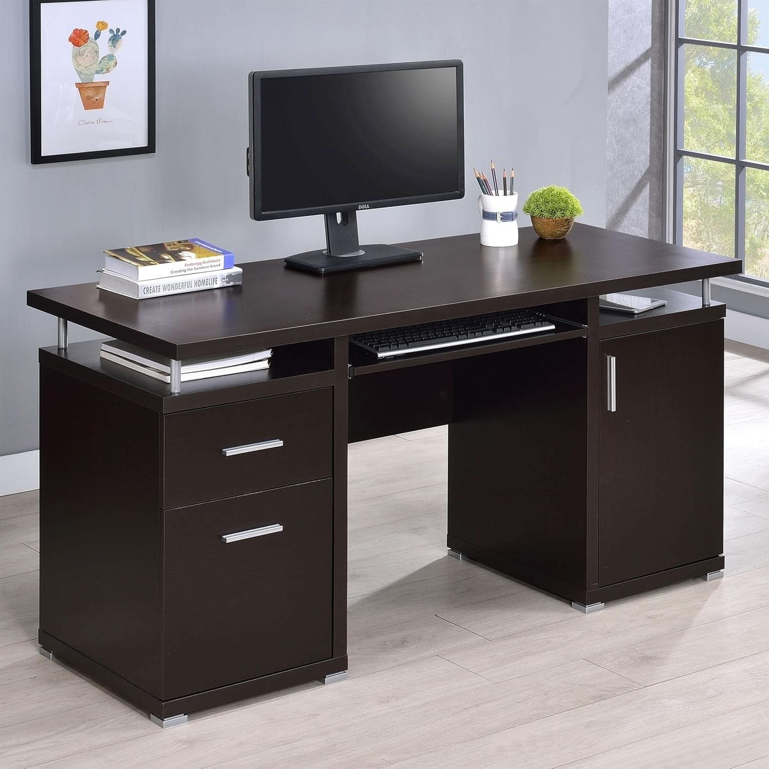 55 Inch Modern Wood Desk With 2 Drawers For Home Office