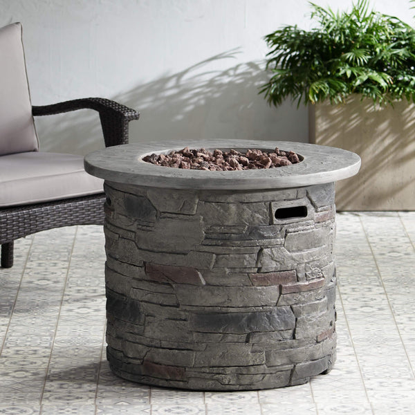 32-Inch Transitional Outdoor Concrete Round Propane Fire Pit Table, Gray (SAK48268)