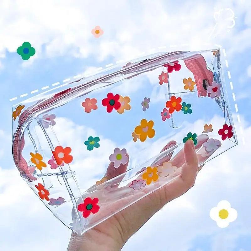 Transparent Flower Print Pencil Case For Students Classic Stationery Case Large Capacity Pencil Bag