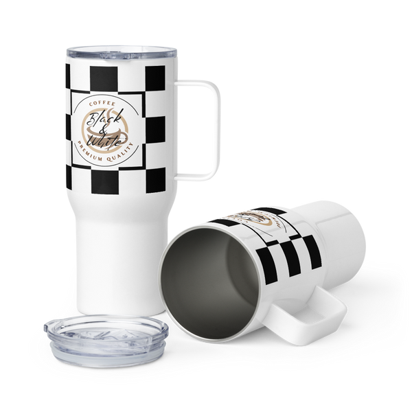 Black and White Travel Coffee Mug with Handle – Insulated Reusable Tumbler for Hot and Cold Drinks