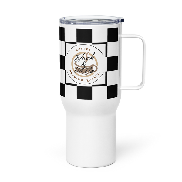 Black and White Travel Coffee Mug with Handle – Insulated Reusable Tumbler for Hot and Cold Drinks