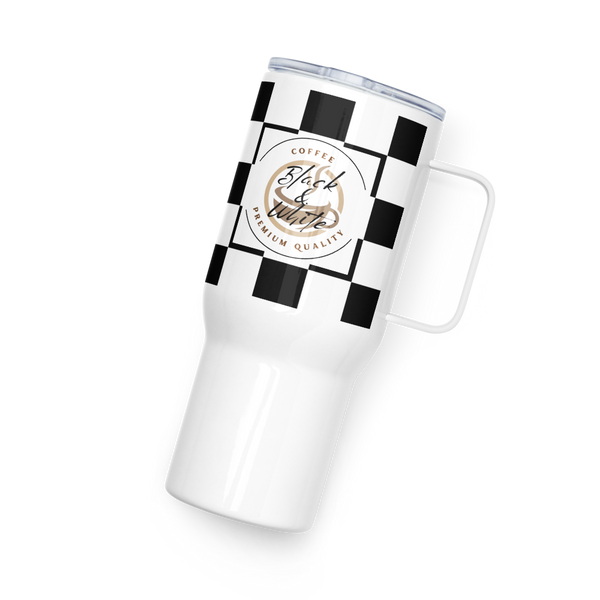 Black and White Travel Coffee Mug with Handle – Insulated Reusable Tumbler for Hot and Cold Drinks