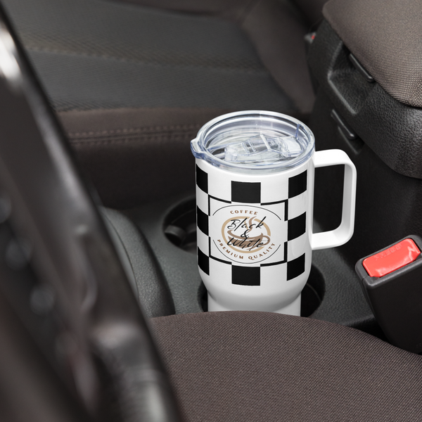 Black and White Travel Coffee Mug with Handle – Insulated Reusable Tumbler for Hot and Cold Drinks