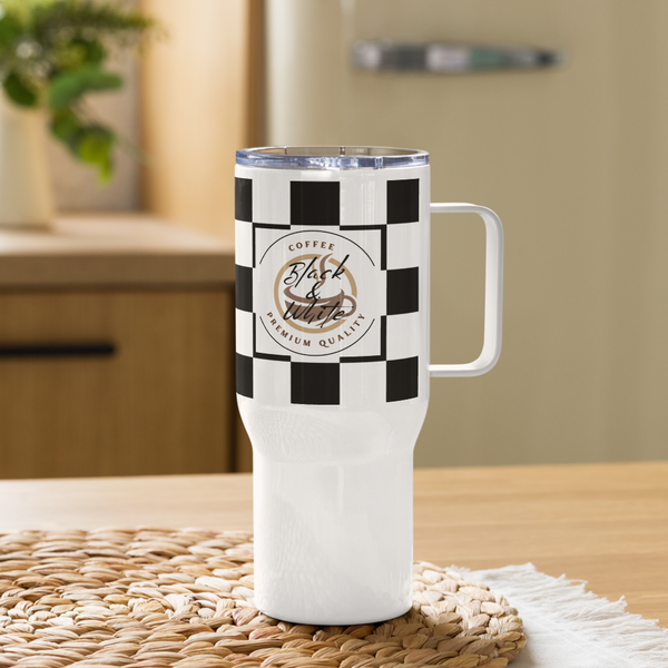 Black and White Travel Coffee Mug with Handle – Insulated Reusable Tumbler for Hot and Cold Drinks