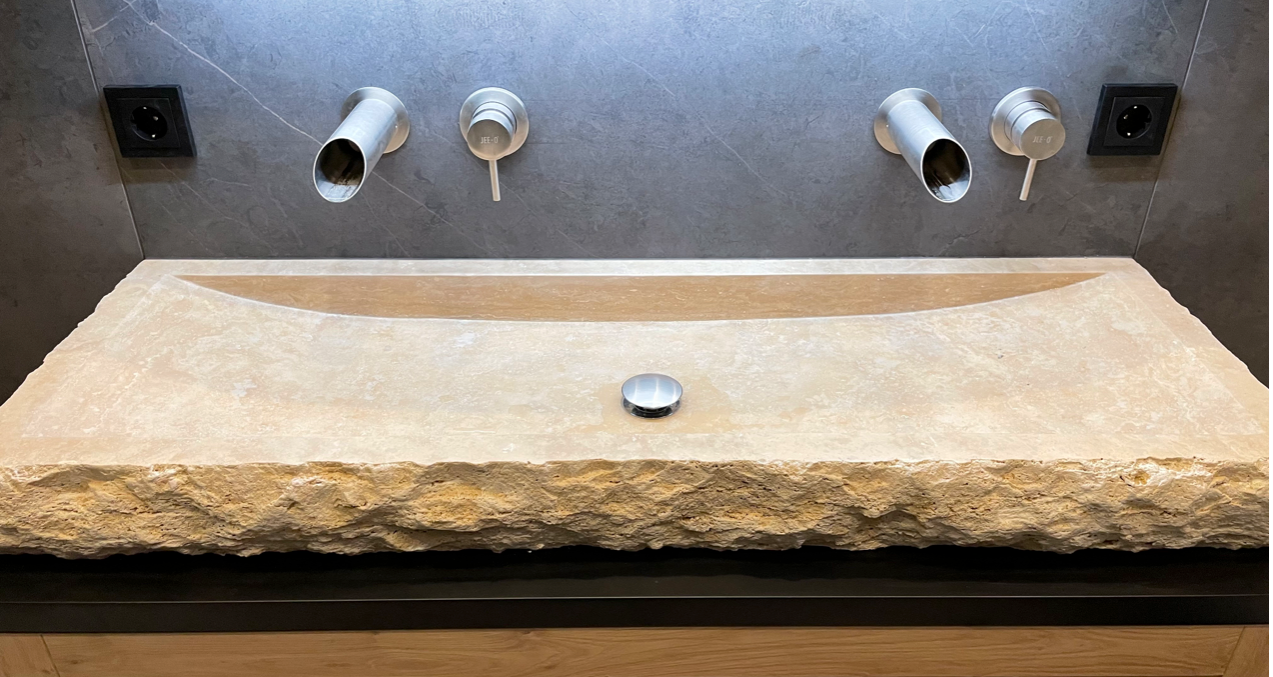 Troia Light Travertine Rectangular Vessel Sink Honed and Hand-Split (W)16