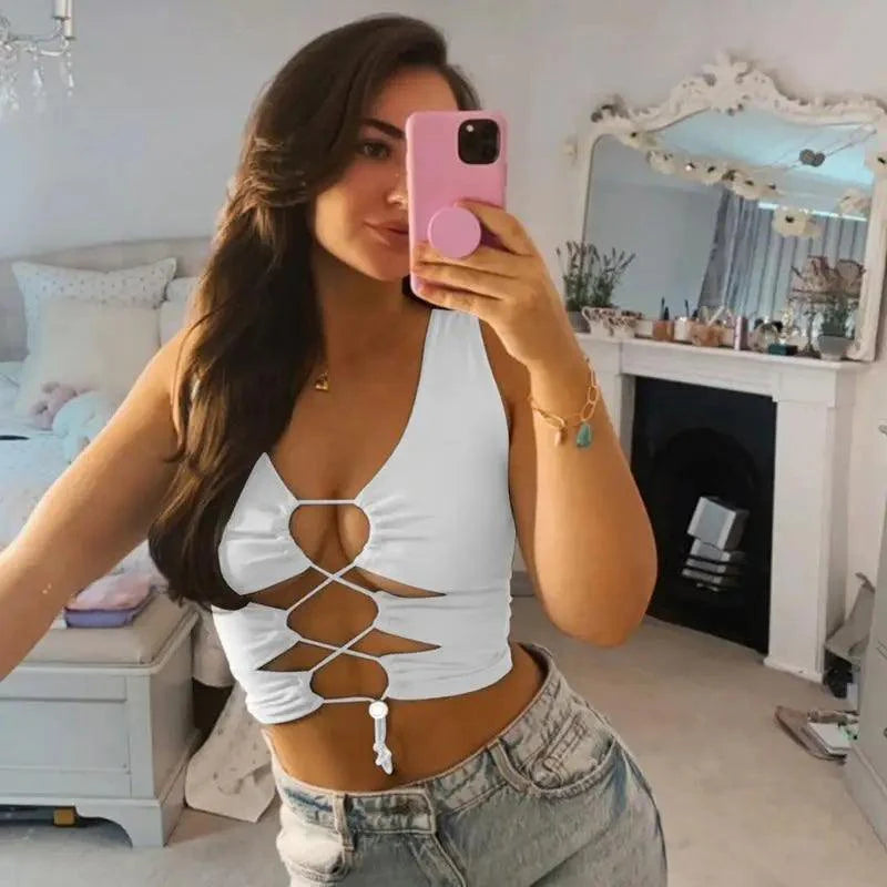 Trendy fashion styles cute summer Hollow Out Lace Up Patchwork Tank Crop Top flattering tops Summer Clothes