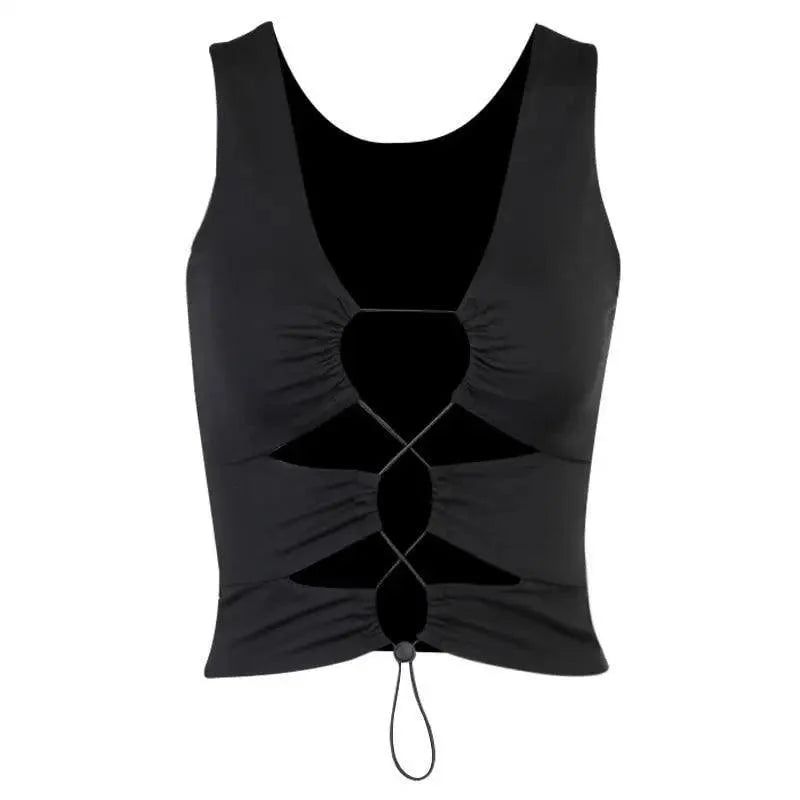 Trendy fashion styles cute summer Hollow Out Lace Up Patchwork Tank Crop Top flattering tops Summer Clothes