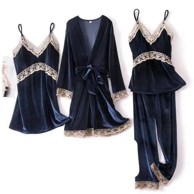 Trendy New Four Pieces Warm Winter Pajamas Sets Women Stylish Lace Robe Pajama Sleepwear Suit Sleeveless Nightwear Women's Sleepwear Set 4-Piece Women's Pajamas Elegant Comfortable Loungewear Satin Sleepwear with Robe Nightgown Pants