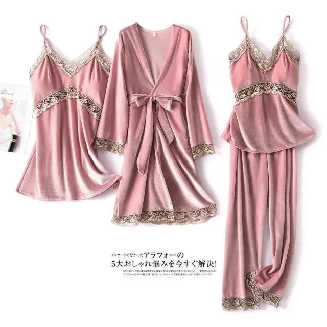 Trendy New Four Pieces Warm Winter Pajamas Sets Women Stylish Lace Robe Pajama Sleepwear Suit Sleeveless Nightwear Women's Sleepwear Set 4-Piece Women's Pajamas Elegant Comfortable Loungewear Satin Sleepwear with Robe Nightgown Pants