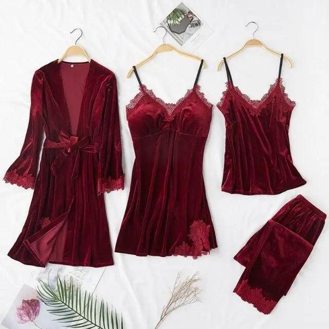 Trendy New Four Pieces Warm Winter Pajamas Sets Women Stylish Lace Robe Pajama Sleepwear Suit Sleeveless Nightwear Women's Sleepwear Set 4-Piece Women's Pajamas Elegant Comfortable Loungewear Satin Sleepwear with Robe Nightgown Pants