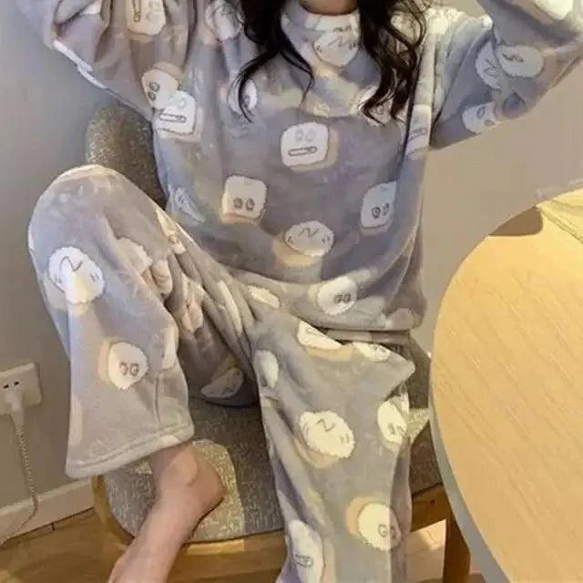 Trendy Pajama Women Thick Flannel Warm Female Winter Pajama Set Long Sleeve Full Trousers Two Piece Pajamas  Cartoon Pajamas Women Pajamas Set Sleepwear Autumn Plus Size Top Long Pant Sleepwear Girls Pajamas