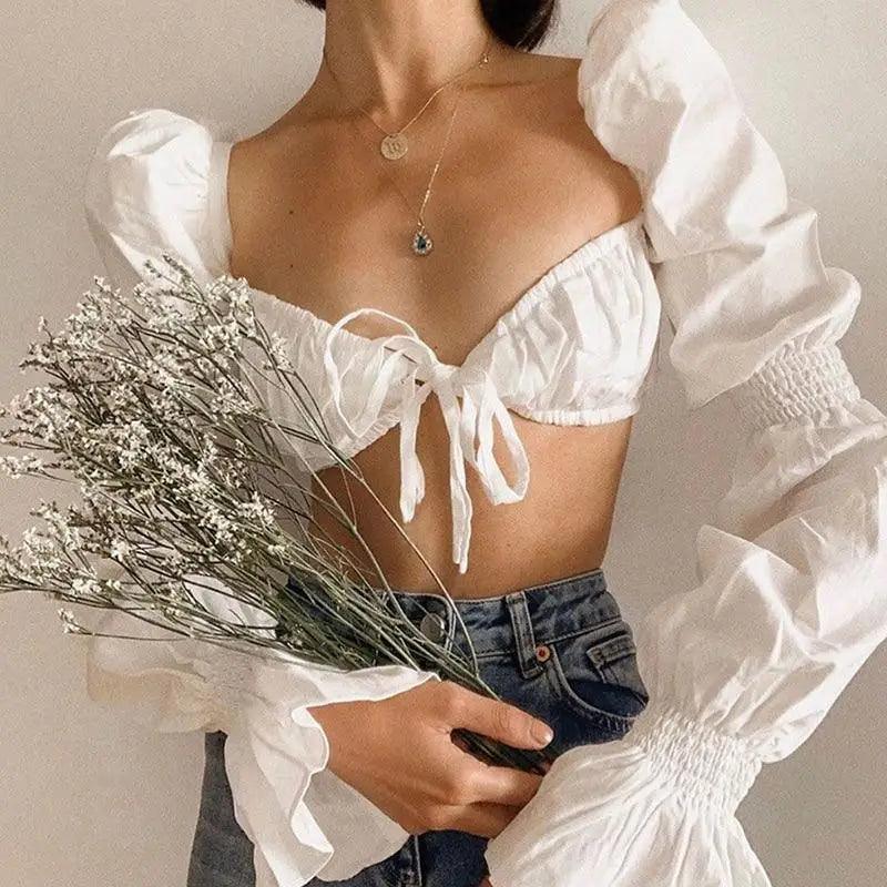 Trendy Summer cute casual elegant puff long sleeve ruffle lace up best fashion Ruched crop top shirts