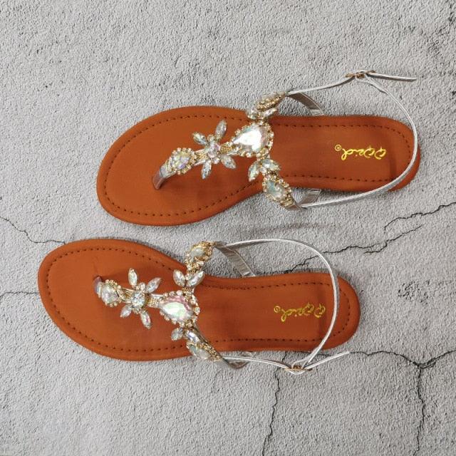 Trendy Summer Women's Shoes Beautiful Crystal Shiny Flat Sandals With Back Strap Footwear Rhinestones Flat Sandals Strappy Comfort Open Toe Flat Women Sandals