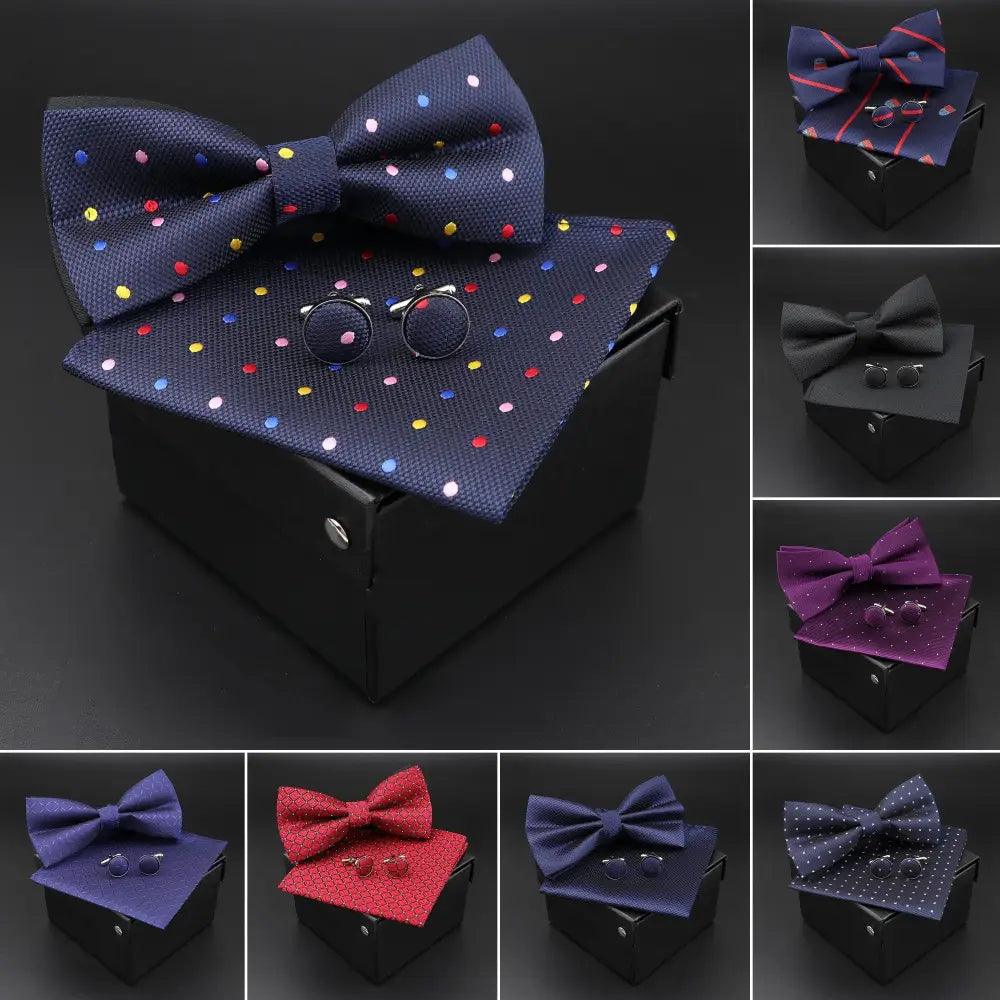 Trendy Tiny Dots Print Bowtie With Pocket Square And Cufflinks Set For Men Retro  Butterfly Party Wedding Bowties Without Box Stylish Ties Gift