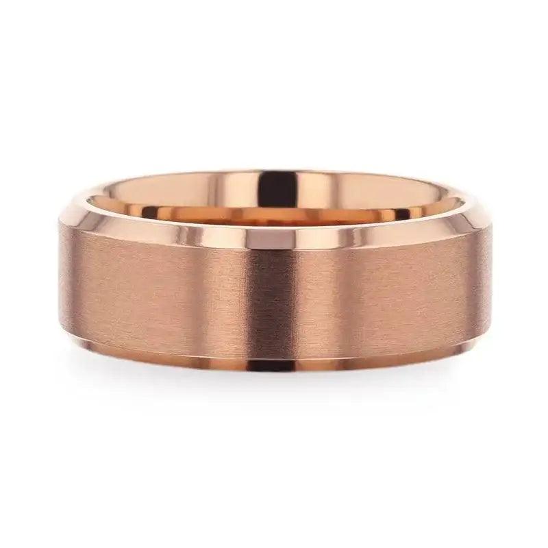 GLORY Rose Gold Plated Brushed Finish Center Titanium Men's Wedding Band With Polished Beveled Edges - 8mm