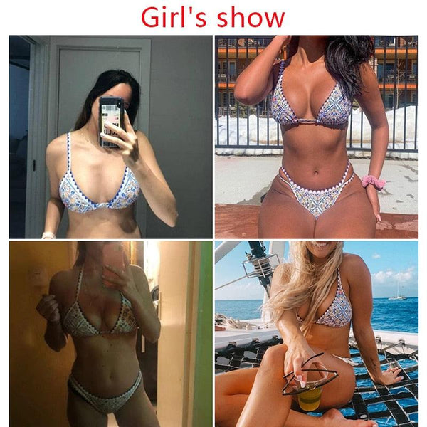 Triangle Micro Bikini Set Vintage Print Swimsuit Women's Swimming Suit Hollow Out Swimwear Padded Push Up Bikini Set Swimwear Beachwear Swimsuit High Cut Bathing Suit Swim