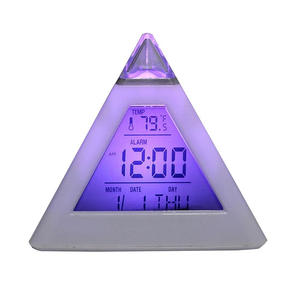 Triangle Pyramid Calendar Thermometer Colorful Backlight Change Clock Digital Alarm Clock Digital Alarm Thermometer Night Glowing Cube Clock LED Change LCD for Bedroom