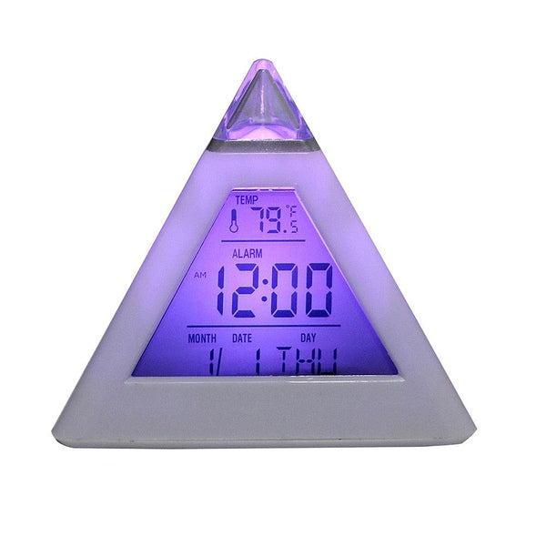Triangle Pyramid Calendar Thermometer Colorful Backlight Change Clock Digital Alarm Clock Digital Alarm Thermometer Night Glowing Cube Clock LED Change LCD for Bedroom