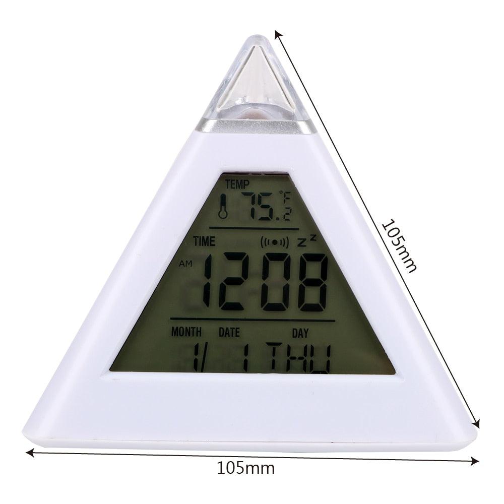 Triangle Pyramid Calendar Thermometer Colorful Backlight Change Clock Digital Alarm Clock Digital Alarm Thermometer Night Glowing Cube Clock LED Change LCD for Bedroom